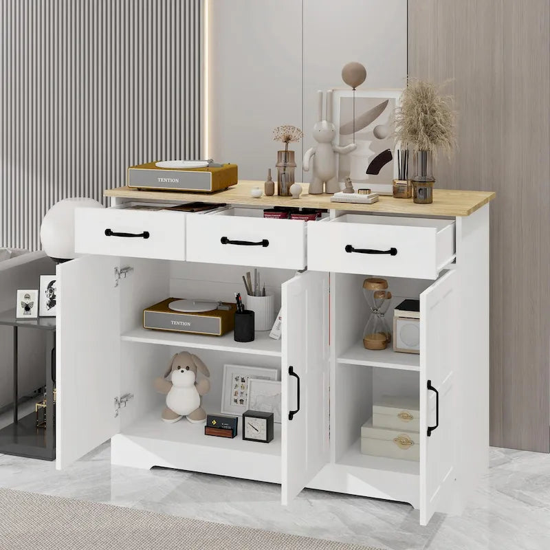 Farmhouse Buffet Sideboard with 3 Drawers, 3 Doors & Wood Grain Surface