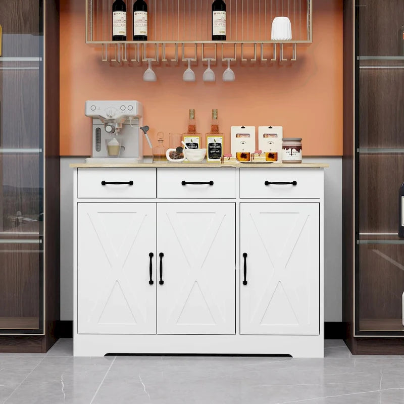 Farmhouse Buffet Sideboard with 3 Drawers, 3 Doors & Wood Grain Surface