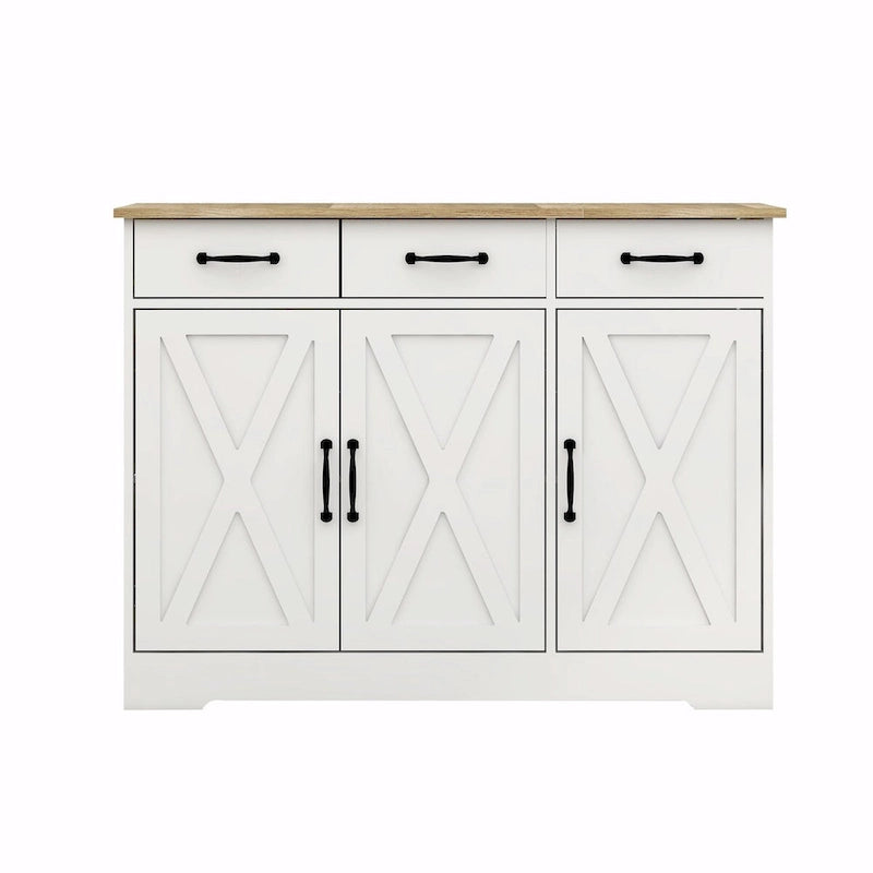 Buffet de ferme avec 3 tiroirs, 3 portes et surface aspect bois