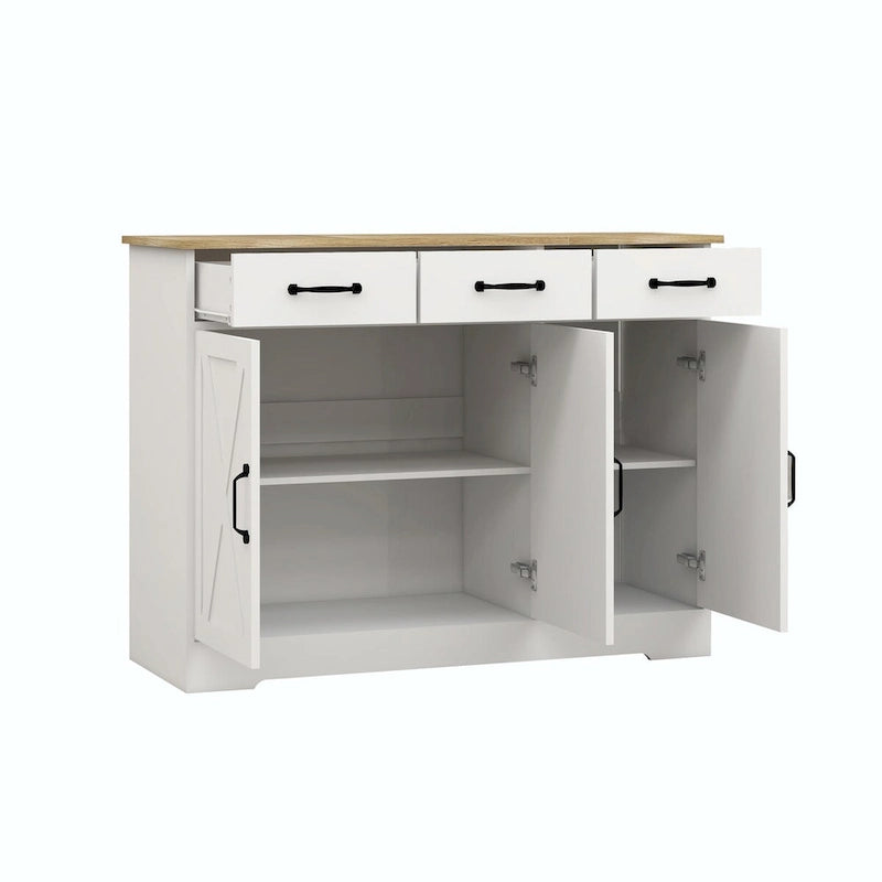 Buffet de ferme avec 3 tiroirs, 3 portes et surface aspect bois
