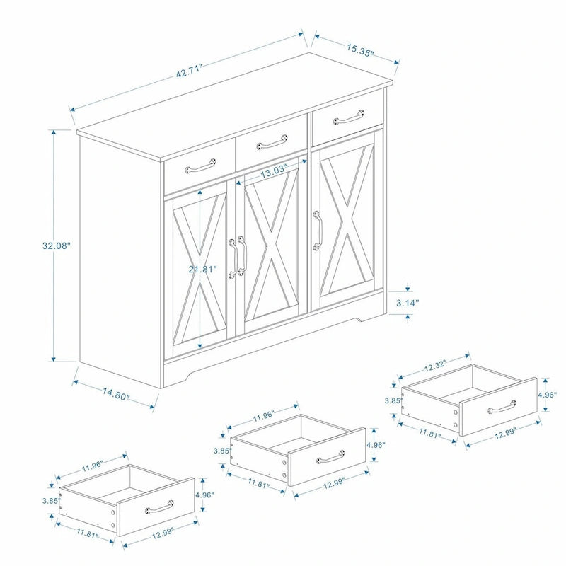 Buffet de ferme avec 3 tiroirs, 3 portes et surface aspect bois