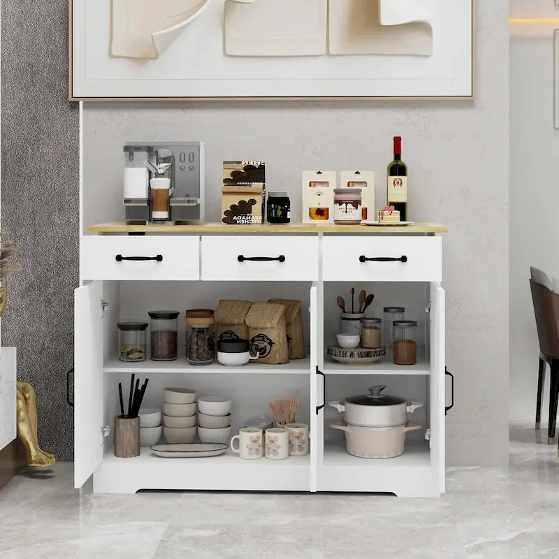Buffet de ferme avec 3 tiroirs, 3 portes et surface aspect bois