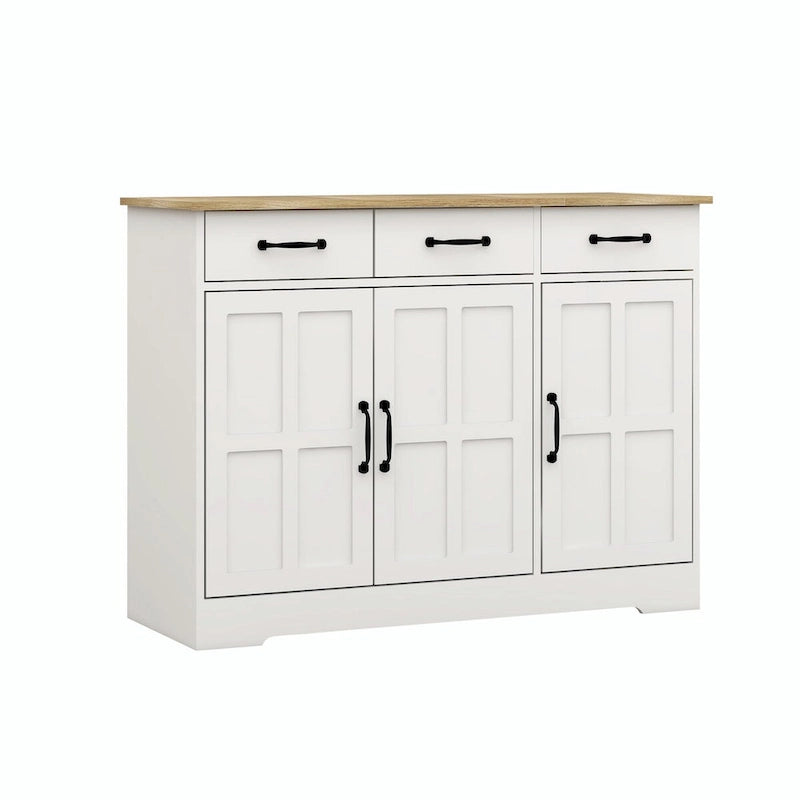 Buffet de ferme avec 3 tiroirs, 3 portes et surface aspect bois