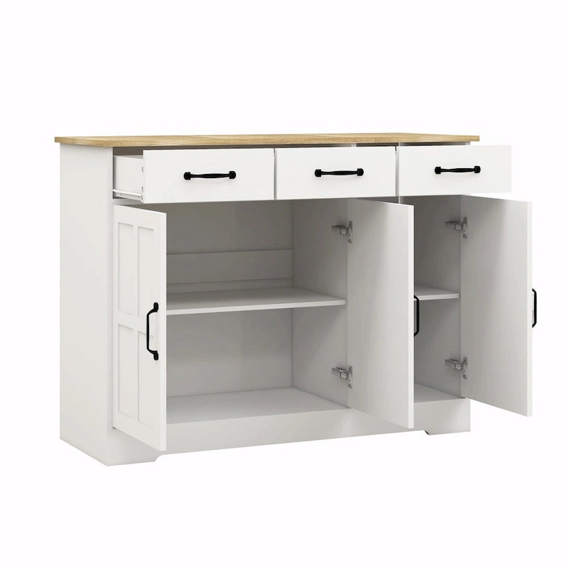 Buffet de ferme avec 3 tiroirs, 3 portes et surface aspect bois