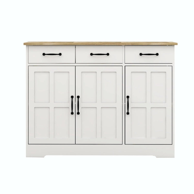 Buffet de ferme avec 3 tiroirs, 3 portes et surface aspect bois