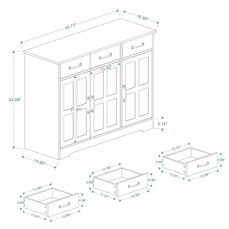 Buffet de ferme avec 3 tiroirs, 3 portes et surface aspect bois
