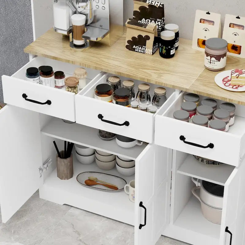 Buffet de ferme avec 3 tiroirs, 3 portes et surface aspect bois