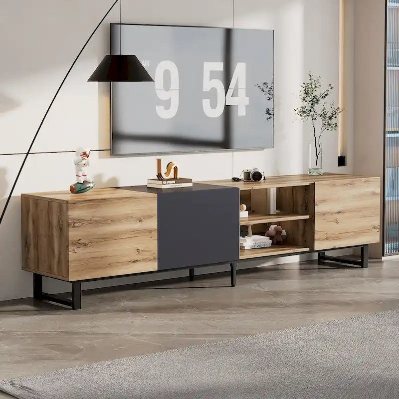 Meuble TV avec 2 portes, étagères ouvertes et gestion des câbles