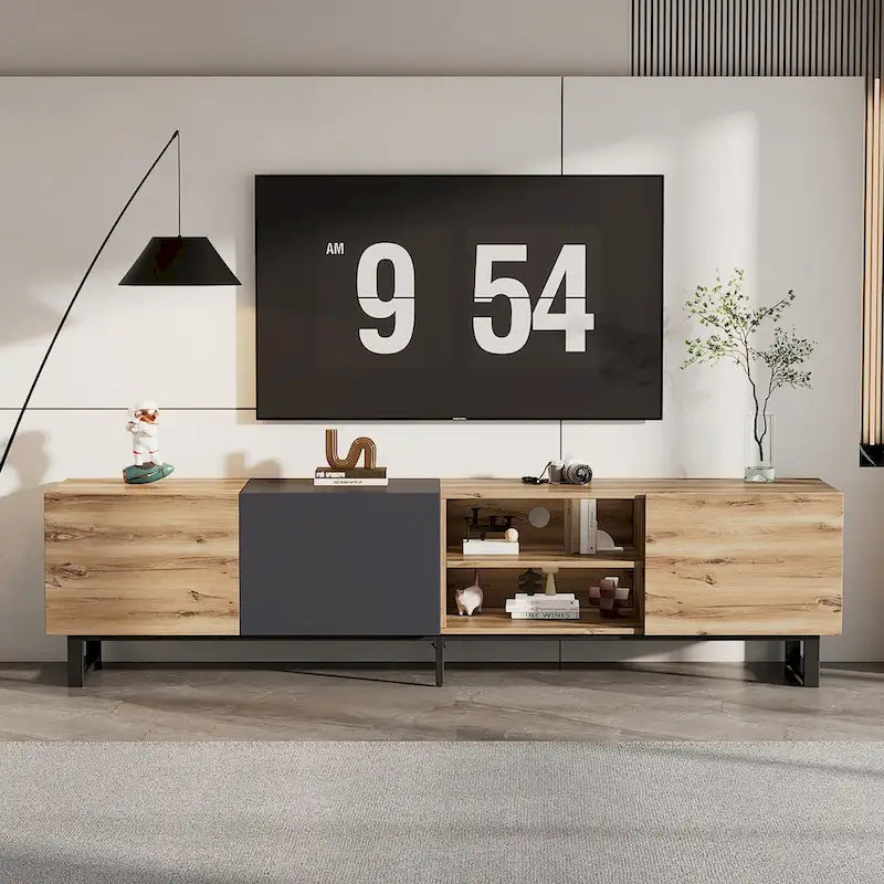 Meuble TV avec 2 portes, étagères ouvertes et gestion des câbles