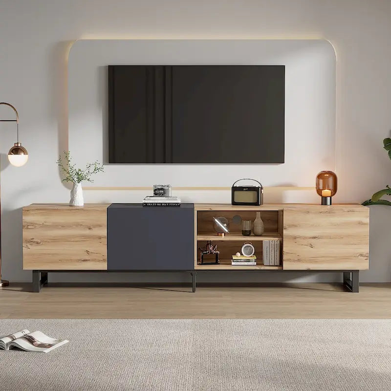 Meuble TV avec 2 portes, étagères ouvertes et gestion des câbles