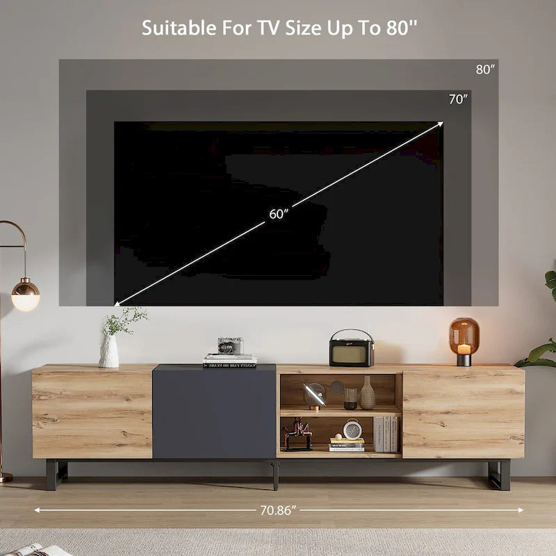 Meuble TV avec 2 portes, étagères ouvertes et gestion des câbles