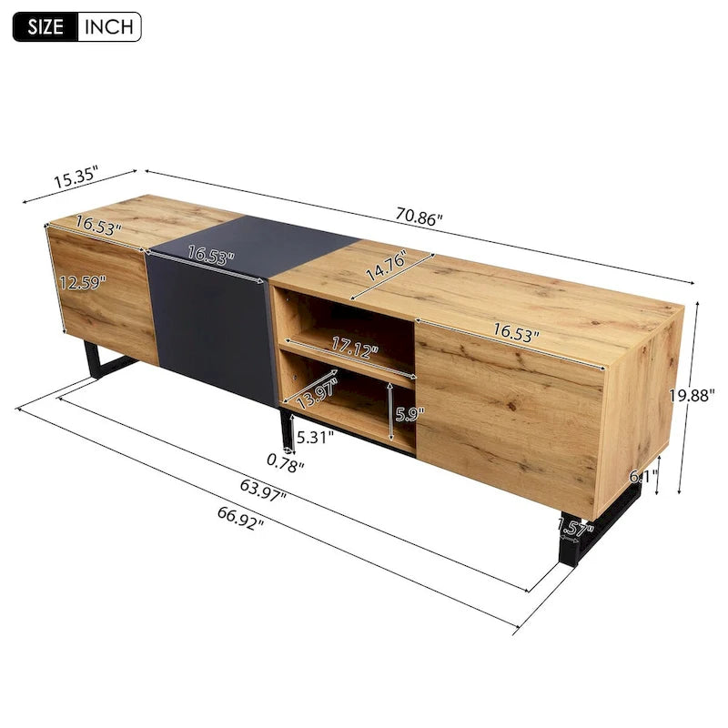 Meuble TV avec 2 portes, étagères ouvertes et gestion des câbles