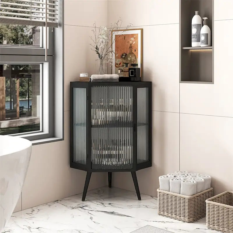 Meuble d'angle bas avec porte en verre trempé et 2 étagères de rangement