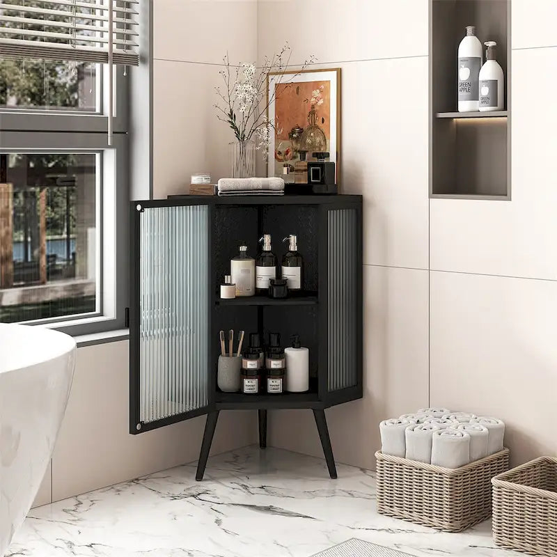 Meuble d'angle bas avec porte en verre trempé et 2 étagères de rangement