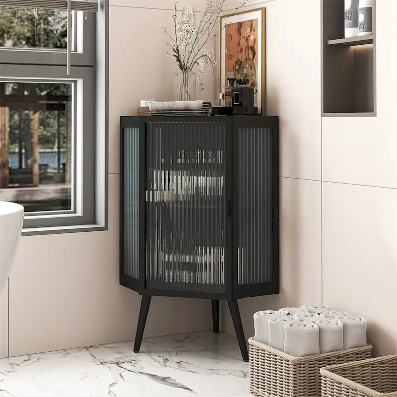 Meuble d'angle bas avec porte en verre trempé et 2 étagères de rangement