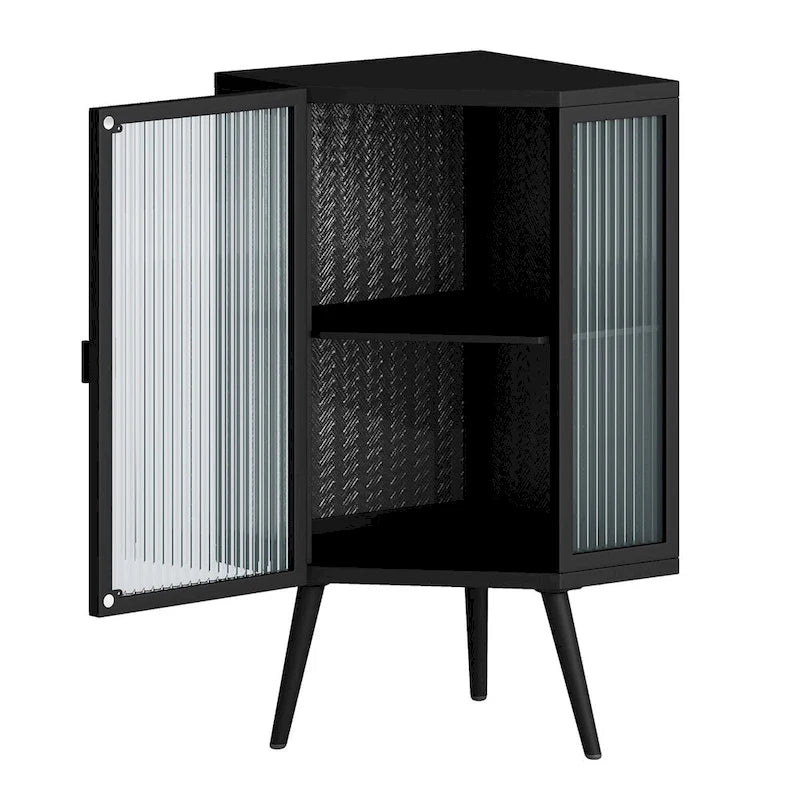 Meuble d'angle bas avec porte en verre trempé et 2 étagères de rangement