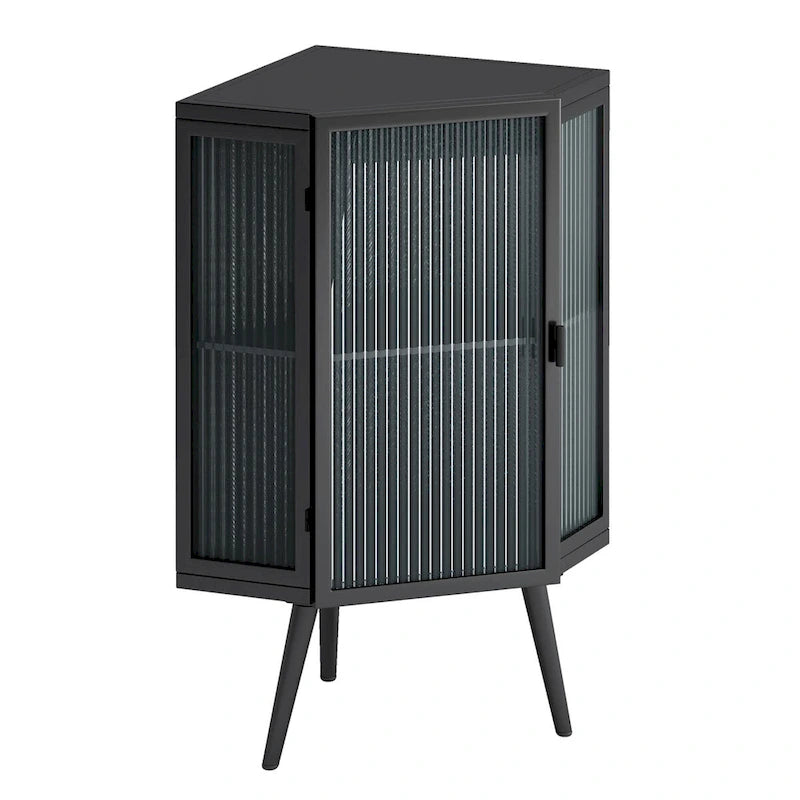 Meuble d'angle bas avec porte en verre trempé et 2 étagères de rangement