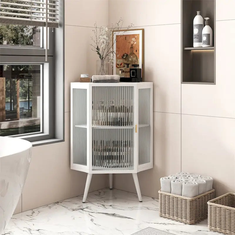 Meuble d'angle bas avec porte en verre trempé et 2 étagères de rangement
