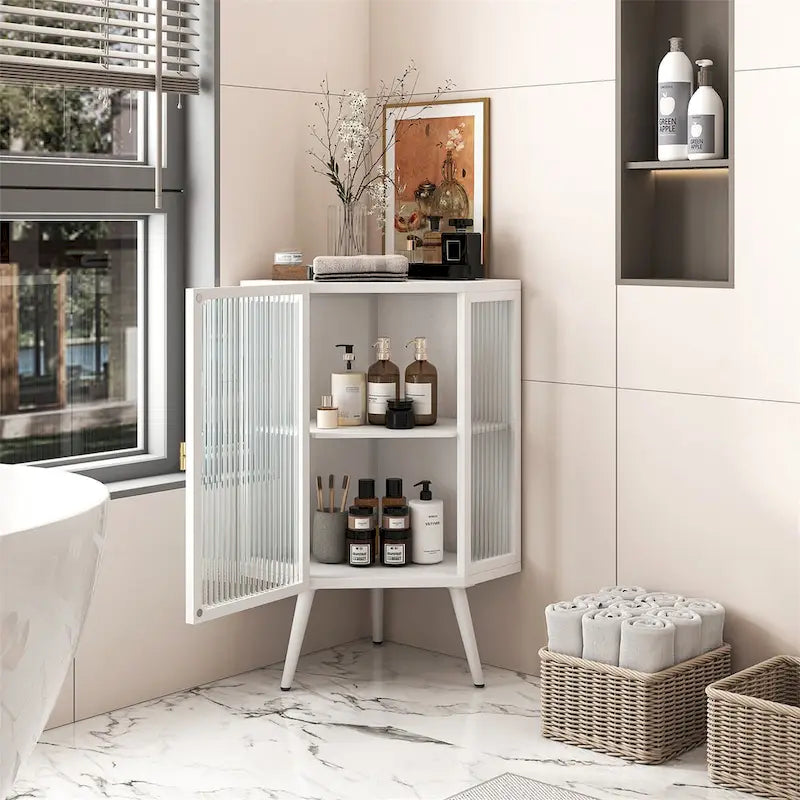 Meuble d'angle bas avec porte en verre trempé et 2 étagères de rangement
