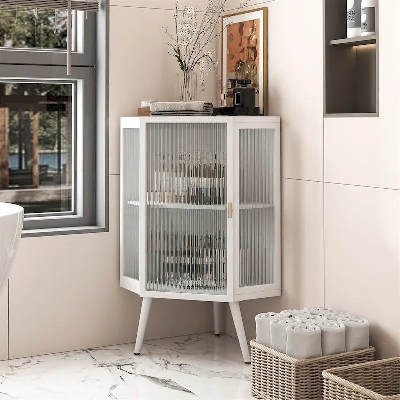 Meuble d'angle bas avec porte en verre trempé et 2 étagères de rangement