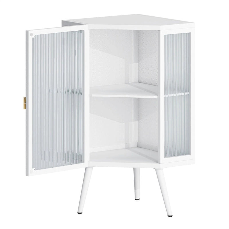 Meuble d'angle bas avec porte en verre trempé et 2 étagères de rangement