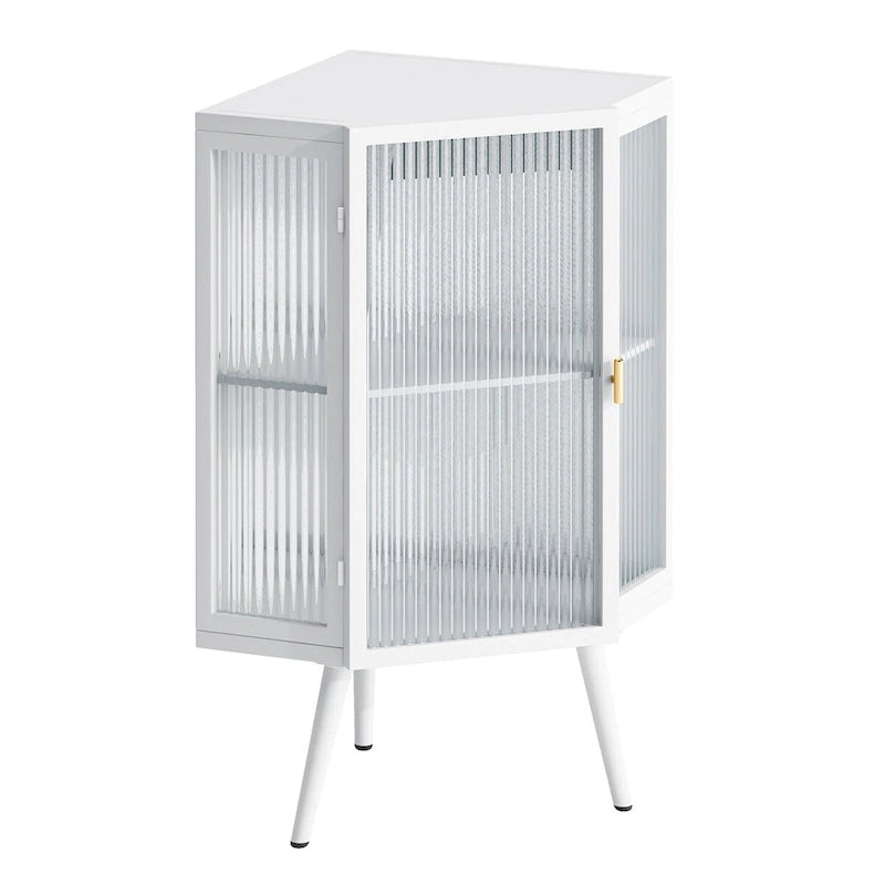 Meuble d'angle bas avec porte en verre trempé et 2 étagères de rangement