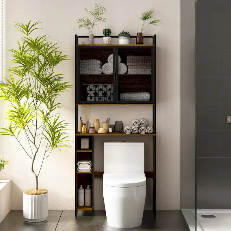 Meuble de rangement pour WC avec porte en maille de fer et porte-papier toilette