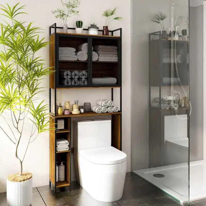 Meuble de rangement pour WC avec porte en maille de fer et porte-papier toilette