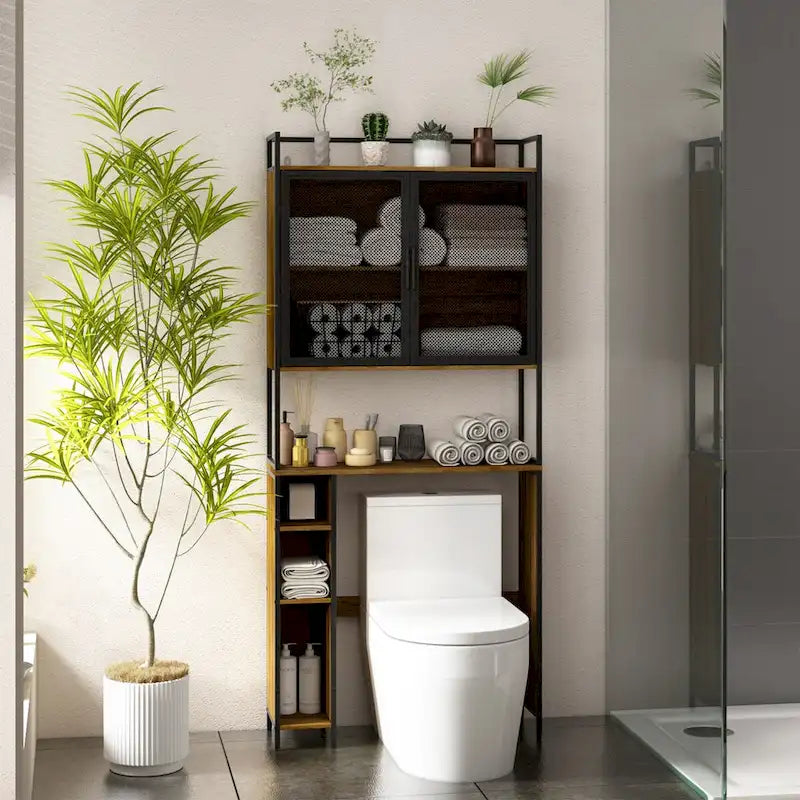 Meuble de rangement pour WC avec porte en maille de fer et porte-papier toilette