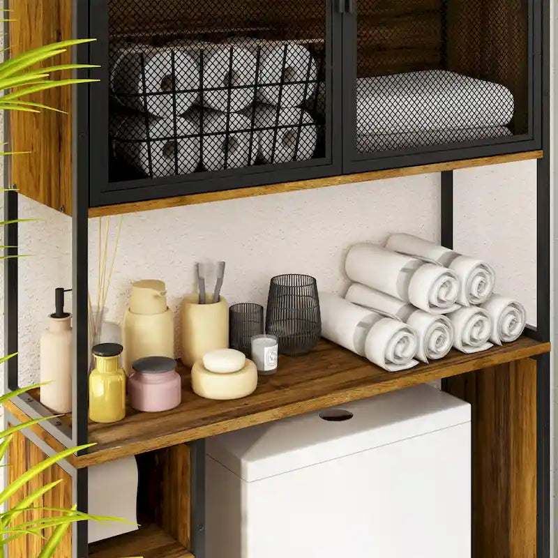 Meuble de rangement pour WC avec porte en maille de fer et porte-papier toilette