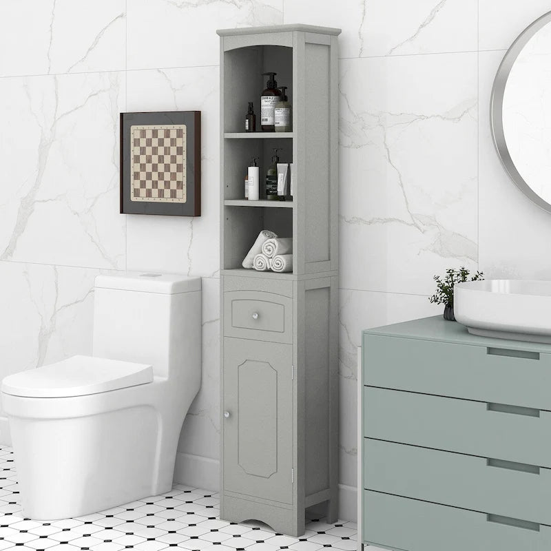 Meuble de Rangement Salle de Bain Étroit 170cm avec Tiroir, Étagères Ouvertes & Étagère de Porte Réglable