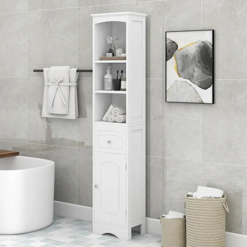 Meuble de Rangement Salle de Bain Étroit 170cm avec Tiroir, Étagères Ouvertes & Étagère de Porte Réglable
