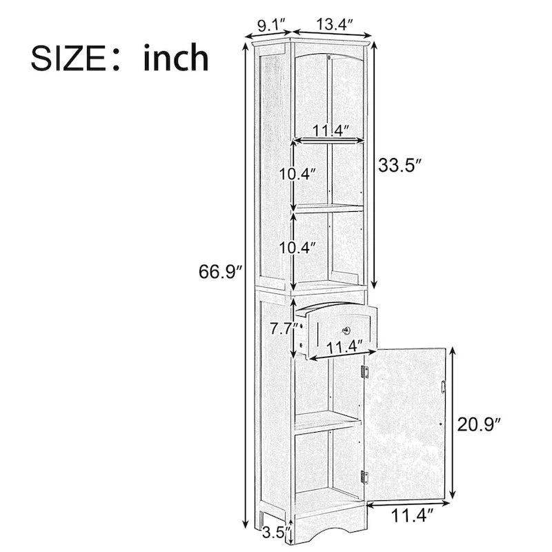 Meuble de Rangement Salle de Bain Étroit 170cm avec Tiroir, Étagères Ouvertes & Étagère de Porte Réglable