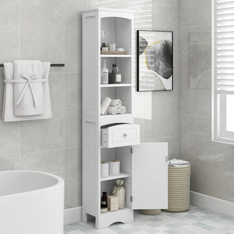 Meuble de Rangement Salle de Bain Étroit 170cm avec Tiroir, Étagères Ouvertes & Étagère de Porte Réglable