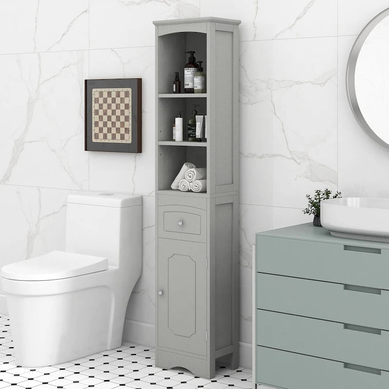 Meuble de Rangement Salle de Bain Étroit 170cm avec Tiroir, Étagères Ouvertes & Étagère de Porte Réglable