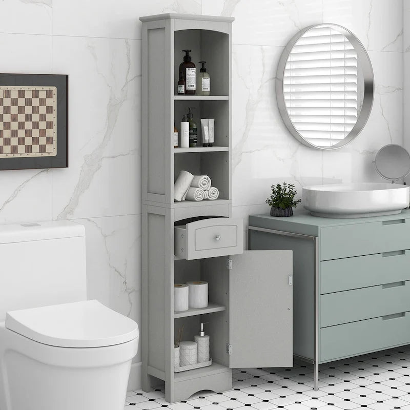 Meuble de Rangement Salle de Bain Étroit 170cm avec Tiroir, Étagères Ouvertes & Étagère de Porte Réglable