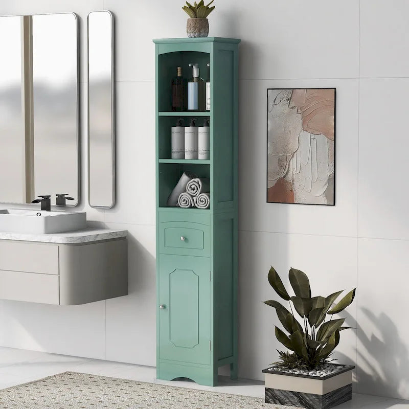 Meuble de Rangement Salle de Bain Étroit 170cm avec Tiroir, Étagères Ouvertes & Étagère de Porte Réglable