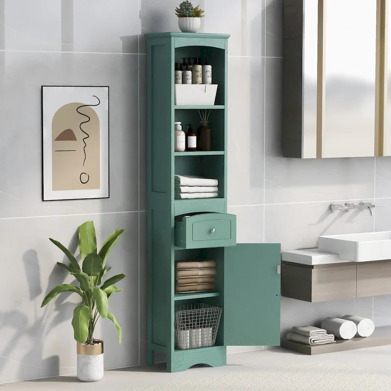 Meuble de Rangement Salle de Bain Étroit 170cm avec Tiroir, Étagères Ouvertes & Étagère de Porte Réglable