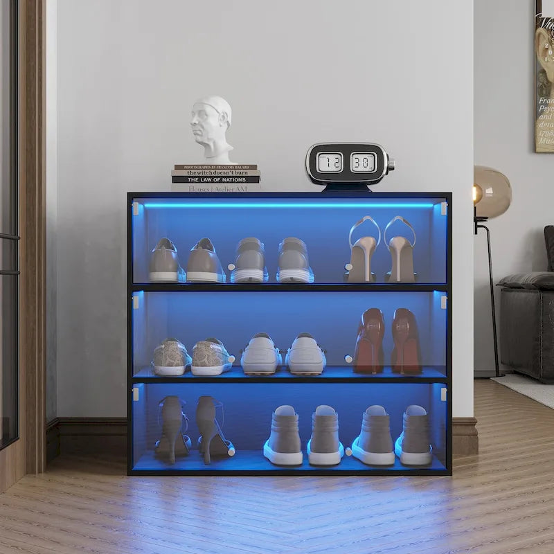 Meuble de rangement pour chaussures avec portes vitrées et éclairage LED RGB