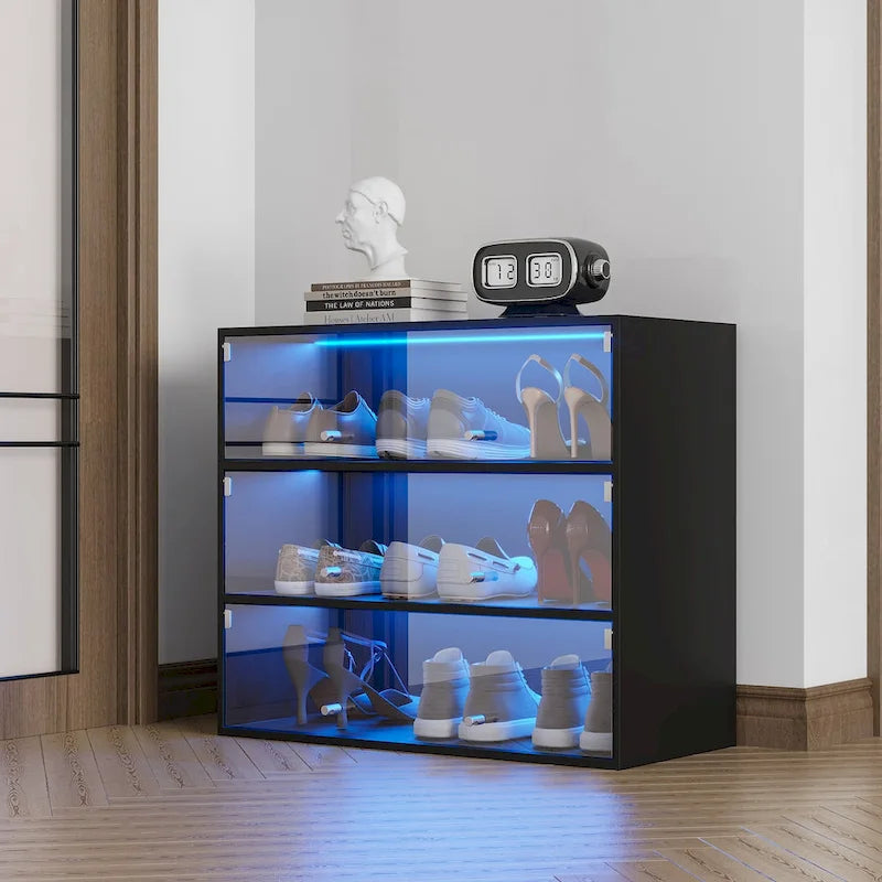 Meuble de rangement pour chaussures avec portes vitrées et éclairage LED RGB