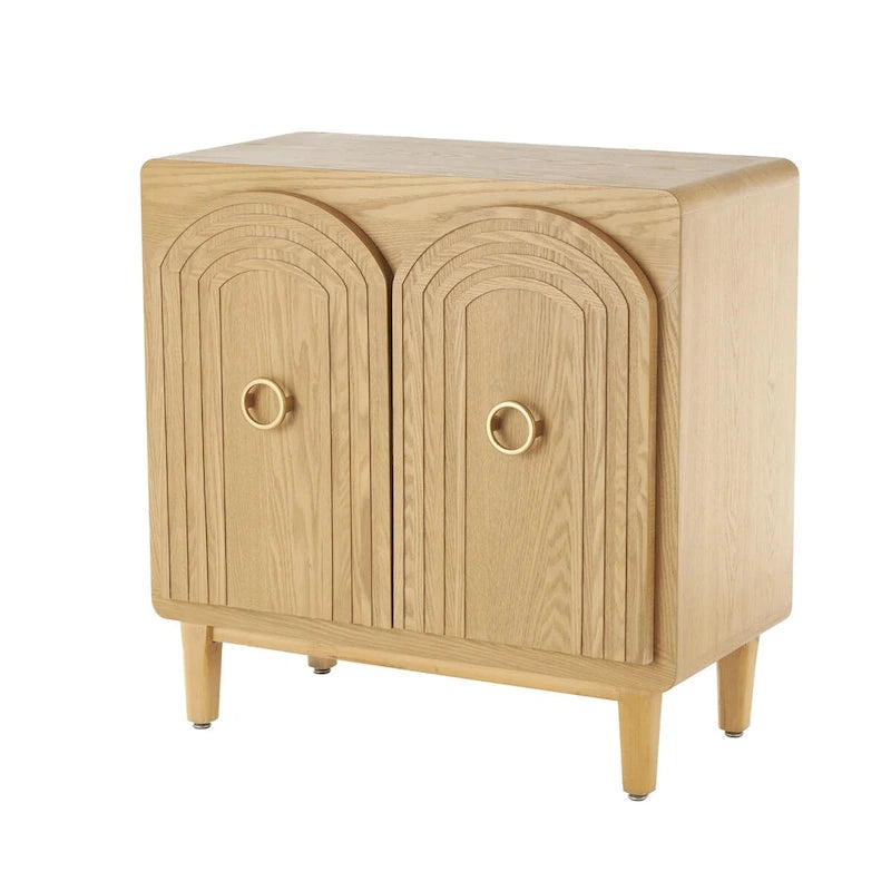 Art Deco Carved Arch 2-Door Storage Cabinet with Gold Ring Handles