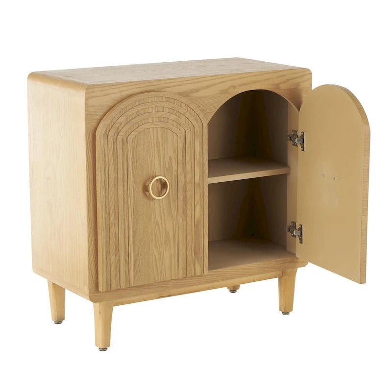 Art Deco Carved Arch 2-Door Storage Cabinet with Gold Ring Handles