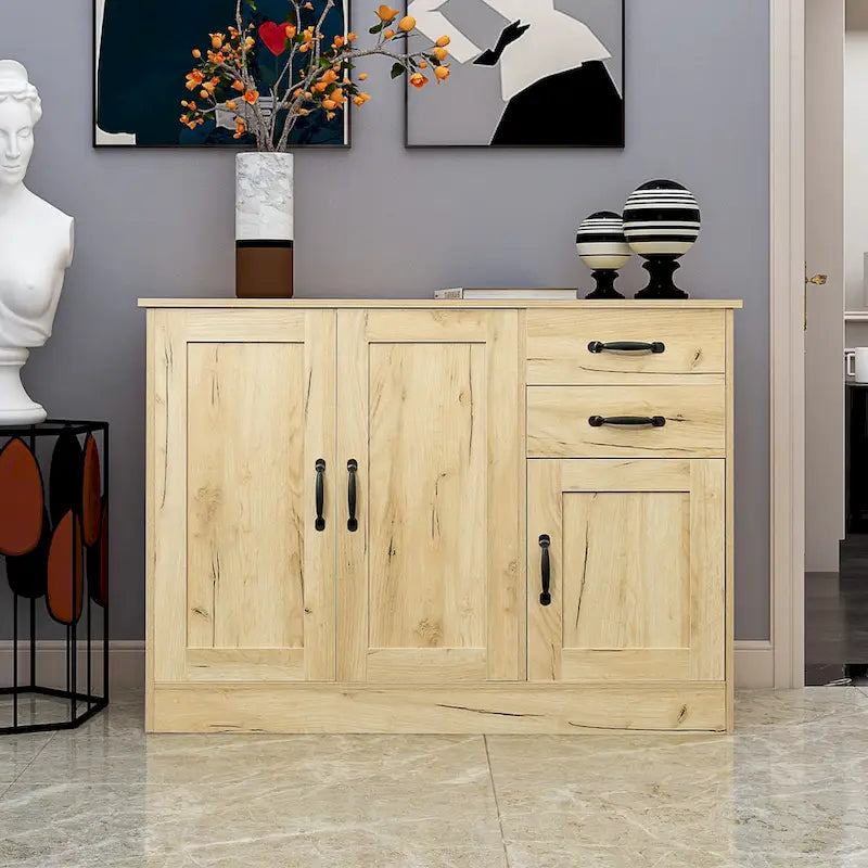 Buffet en bois avec 3 portes, 2 tiroirs et étagère amovible – Finition mélaminée 109 cm