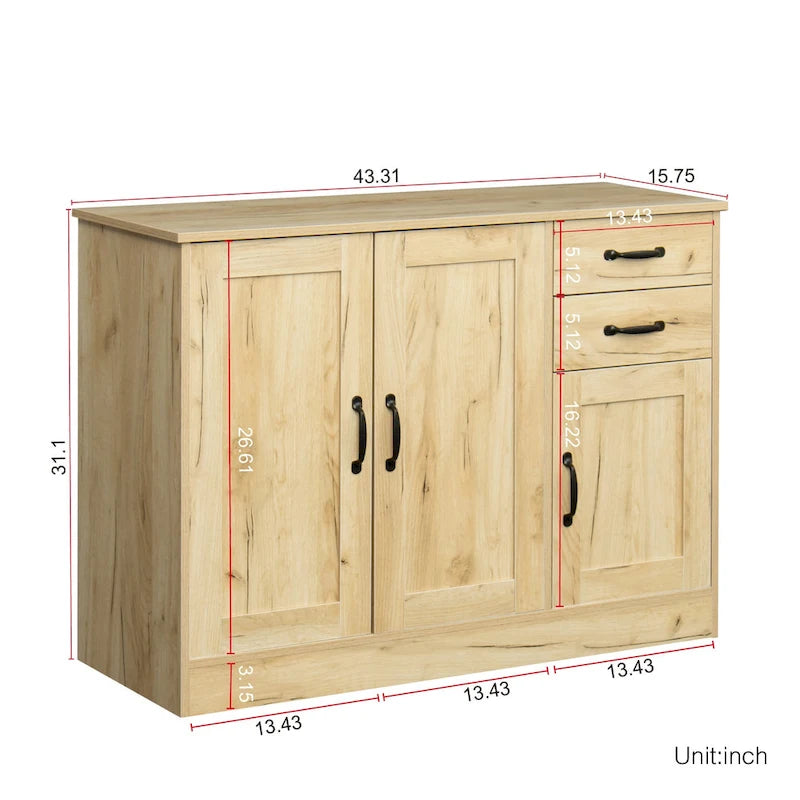 Buffet en bois avec 3 portes, 2 tiroirs et étagère amovible – Finition mélaminée 109 cm